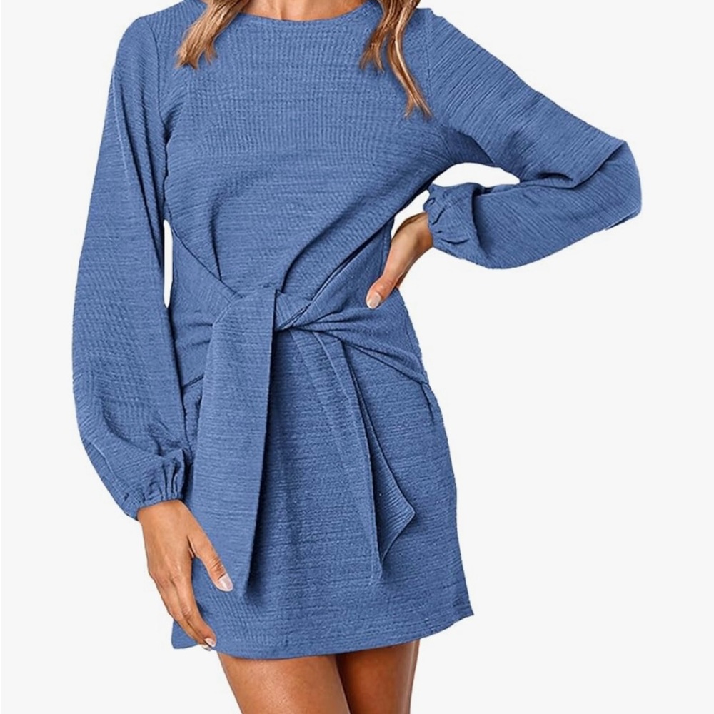 Light blue, long sleeved tie dress. Above the knee. Never worn